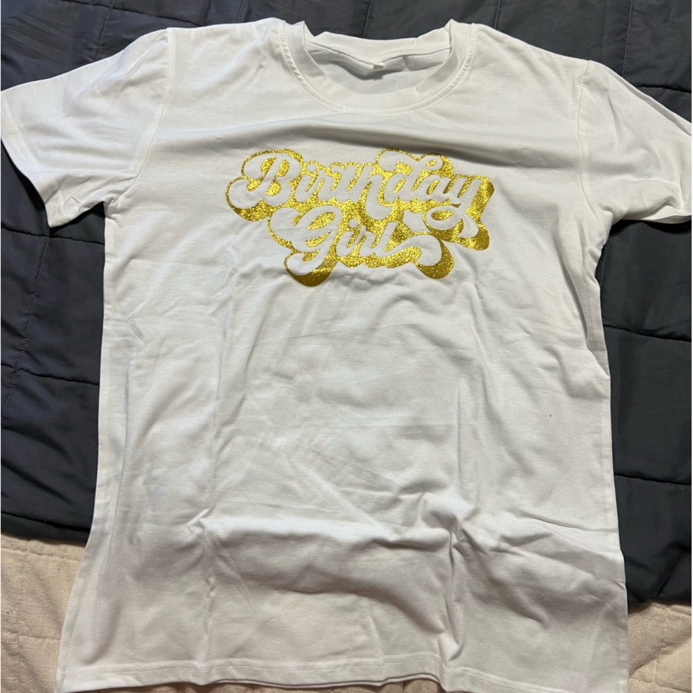 BIRTHDAY T-shirt. “Birthday Girl” in gold  SIZE MEDIUM